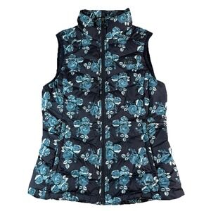 The North Face Floral Quilted Puffer Vest Womens XS Blue Goose Down Gorp Outdoor